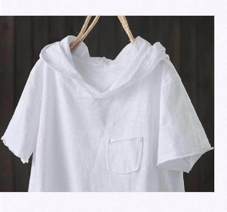 Women's Hooded T-shirt 2024 Original 95% Cotton Summer New Style Loose Cotton Short-sleeved Literary Hole Casual Women Clothing