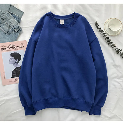 Woman Solid Color O-Neck Sweatshirt Casual Loose Fit Hoodie Harajuku Aesthetic Streetwear Velvet Pullover White Tops Korean Pop