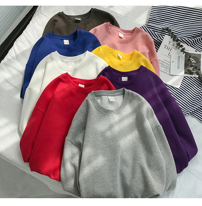 Woman Solid Color O-Neck Sweatshirt Casual Loose Fit Hoodie Harajuku Aesthetic Streetwear Velvet Pullover White Tops Korean Pop