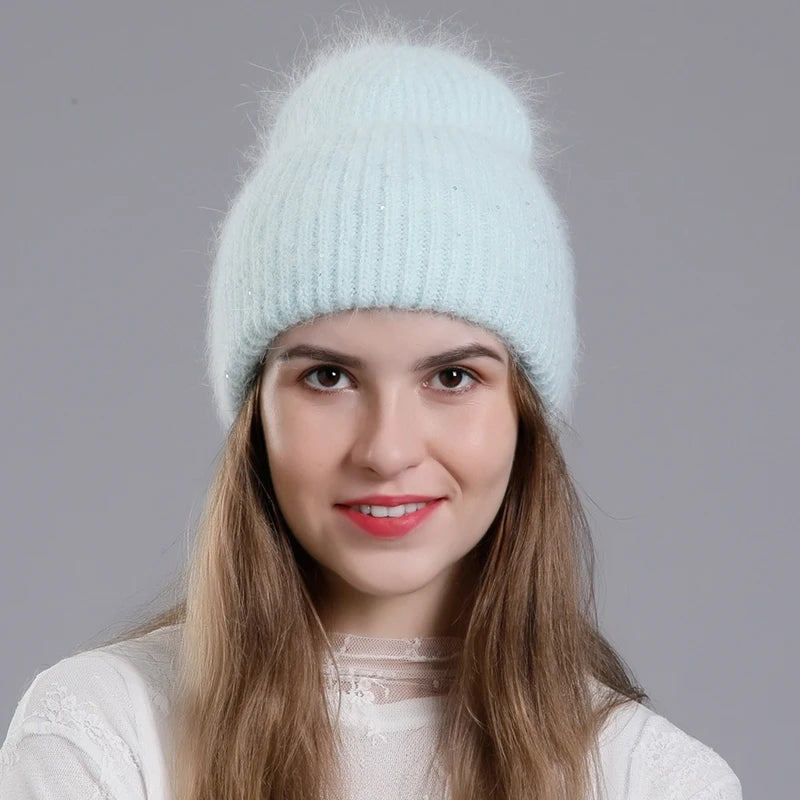 CNTANG 2024 Winter Hat Fashion Real Rabbit Fur Hats For Women Warm Skullies Beanies With Sequins High Flanging Knitted Caps