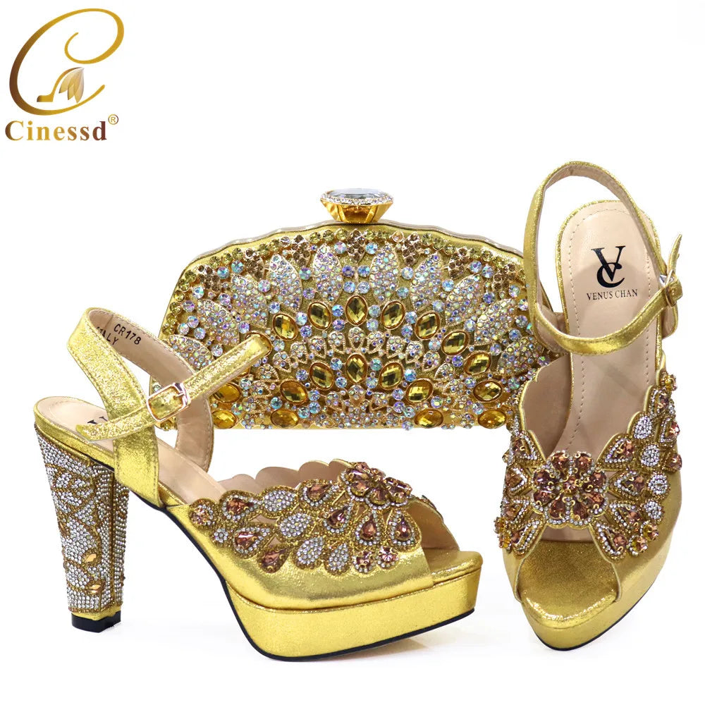 New Arrival African Wedding Shoes and Bag Set Decorated with Rhonestone Shoes and Bags To Match for Wedding Luxury Shoes Women