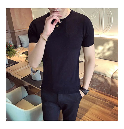 Top Quality Summer Thin Short Sleeved Knitwear T-shirt Men Clothing 2024 Solid Color Slim Fit O-Neck Tee Shirt Streetwear 3XL-M