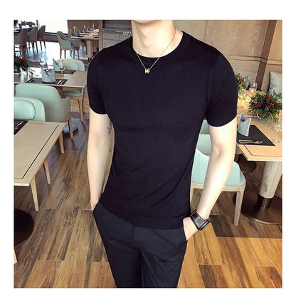 Top Quality Summer Thin Short Sleeved Knitwear T-shirt Men Clothing 2024 Solid Color Slim Fit O-Neck Tee Shirt Streetwear 3XL-M