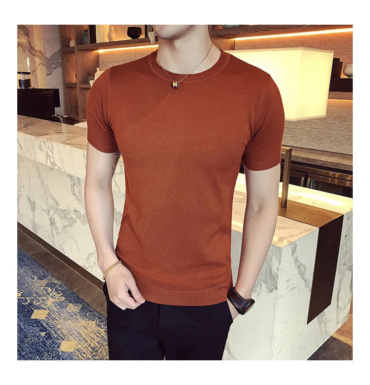 Top Quality Summer Thin Short Sleeved Knitwear T-shirt Men Clothing 2024 Solid Color Slim Fit O-Neck Tee Shirt Streetwear 3XL-M