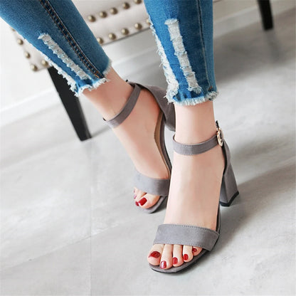 Sexy Pumps For Women High heels Open Toe Suede Thick heel Bridal Party Shoes Ladies Buckle Strap Gladiator Sandals 32-43 Black