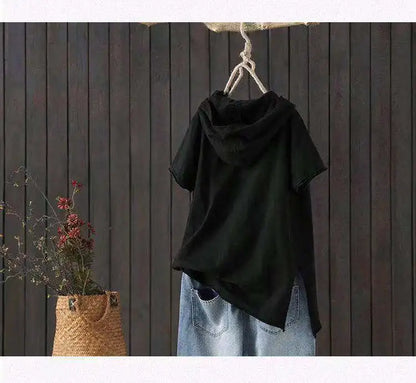 Women's Hooded T-shirt 2024 Original 95% Cotton Summer New Style Loose Cotton Short-sleeved Literary Hole Casual Women Clothing