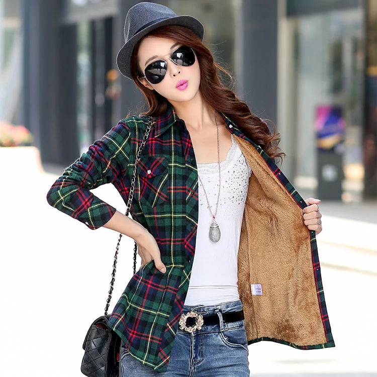 Plus Velvet Thicker Shirt Style Jacket Coat 2023 Winter New Hot Multicolor Plaid Warm Fleece Women Tops Brand Female Outerwear