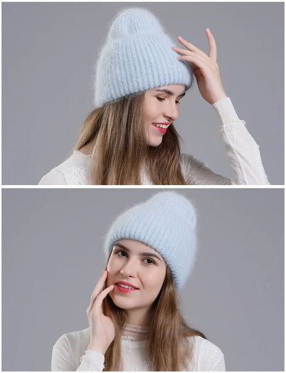 CNTANG 2024 Winter Hat Fashion Real Rabbit Fur Hats For Women Warm Skullies Beanies With Sequins High Flanging Knitted Caps