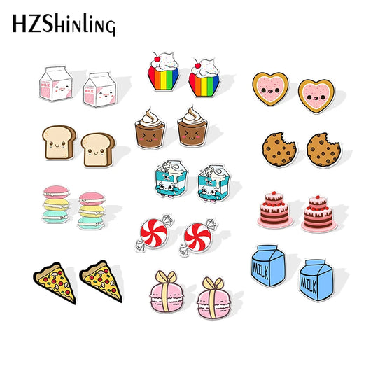 2019 New Sweet Dessert M Cute Painting Acrylic Earrings Milk Candy Cake Resin Earrings Epoxy Stud Earring