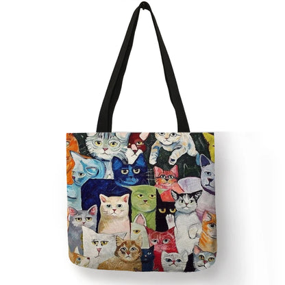 Lovely Pattern Women Totes Cute Cartoon Cats Image Printed Handbag Eco Linen Fashion Traveling Practical Shoulder Bag Lady