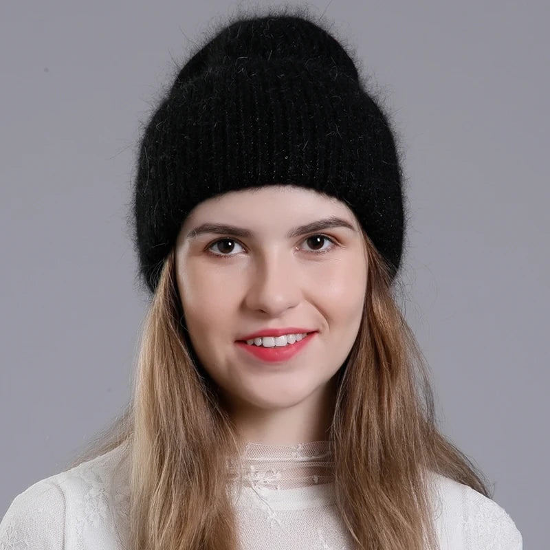 CNTANG 2024 Winter Hat Fashion Real Rabbit Fur Hats For Women Warm Skullies Beanies With Sequins High Flanging Knitted Caps