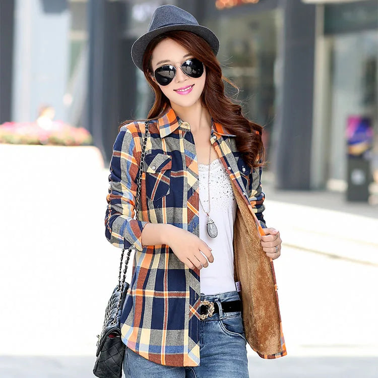 Plus Velvet Thicker Shirt Style Jacket Coat 2023 Winter New Hot Multicolor Plaid Warm Fleece Women Tops Brand Female Outerwear