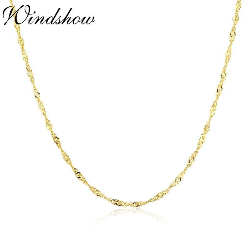 35cm-60cm 925 Sterling Silver with Gold Color Water Wave Chain Necklace Women Girls Jewelry Kolye Collares W 2mm