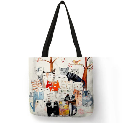 Lovely Pattern Women Totes Cute Cartoon Cats Image Printed Handbag Eco Linen Fashion Traveling Practical Shoulder Bag Lady