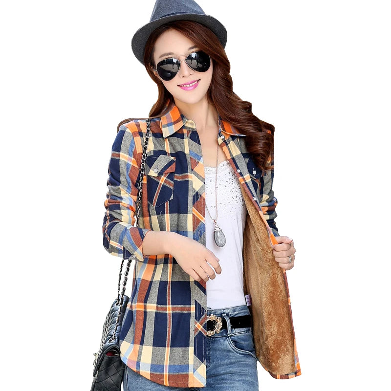 Plus Velvet Thicker Shirt Style Jacket Coat 2023 Winter New Hot Multicolor Plaid Warm Fleece Women Tops Brand Female Outerwear