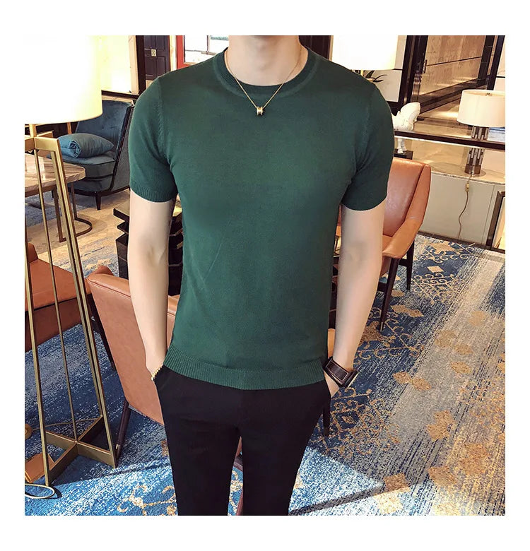 Top Quality Summer Thin Short Sleeved Knitwear T-shirt Men Clothing 2024 Solid Color Slim Fit O-Neck Tee Shirt Streetwear 3XL-M