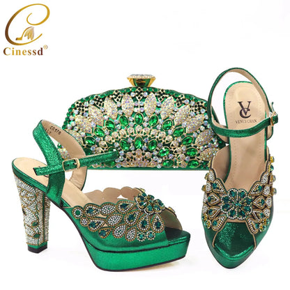 New Arrival African Wedding Shoes and Bag Set Decorated with Rhonestone Shoes and Bags To Match for Wedding Luxury Shoes Women