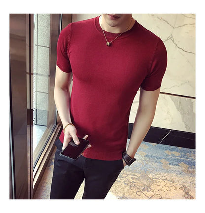 Top Quality Summer Thin Short Sleeved Knitwear T-shirt Men Clothing 2024 Solid Color Slim Fit O-Neck Tee Shirt Streetwear 3XL-M