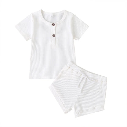 Cotton Casual Summer Newborn Baby Boys Girls Outfits Suit Ribbed Knitted Short Sleeve T-shirts Tops+Shorts 2Pcs Kids Tracksuits