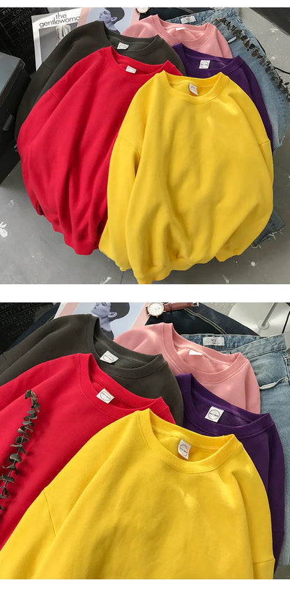 Woman Solid Color O-Neck Sweatshirt Casual Loose Fit Hoodie Harajuku Aesthetic Streetwear Velvet Pullover White Tops Korean Pop