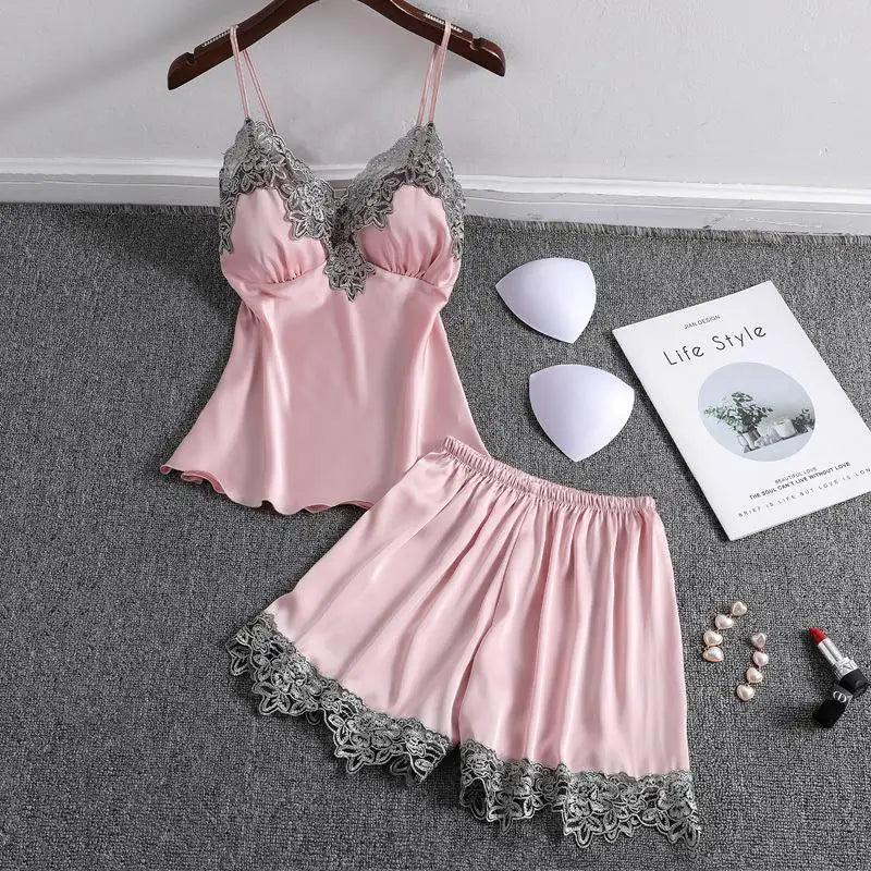 Summer New Satin 2PCS Pajamas Suit Strap Top&Shorts Lady Sexy Nightwear Sleepwear Lace Intimate Lingerie Nightgown Homewear