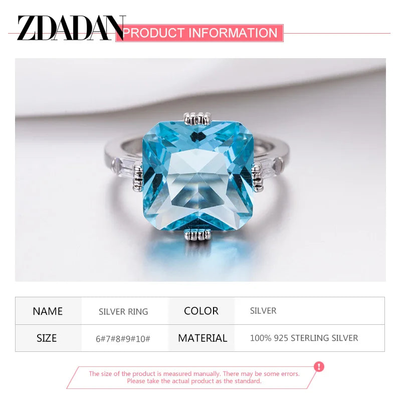 ZDADAN 925 Sterling Silver Charm Square Aquamarine Ring For Women Fashion Wedding Jewelry Party Gift