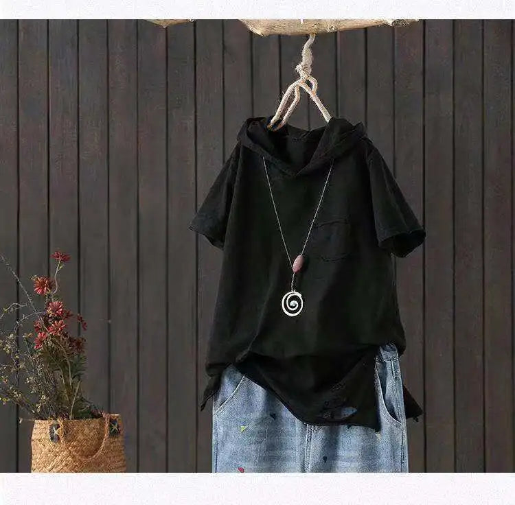 Women's Hooded T-shirt 2024 Original 95% Cotton Summer New Style Loose Cotton Short-sleeved Literary Hole Casual Women Clothing