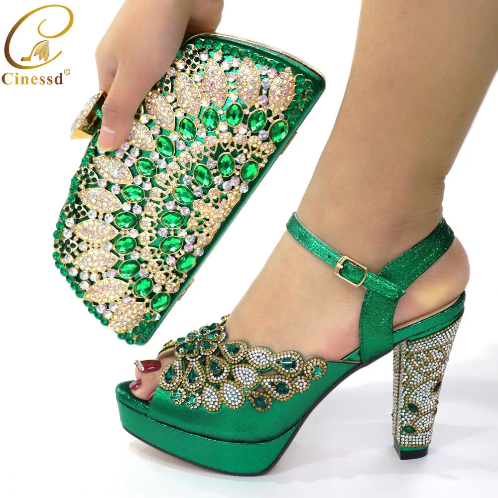 New Arrival African Wedding Shoes and Bag Set Decorated with Rhonestone Shoes and Bags To Match for Wedding Luxury Shoes Women