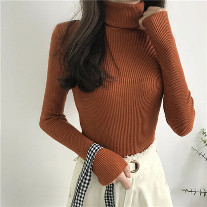 2025 Autumn Winter Thick Sweater Women Knitted Ribbed Pullover Sweater Long Sleeve Turtleneck Slim Jumper Soft Warm Pull Femme