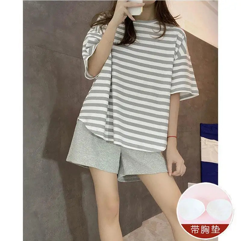 Women Summer Two Pieces Sets Pajamas O-neck Short Sleeve Shorts Pant Homewear With Chest Pad Thin Loose Striped Big Size Cute