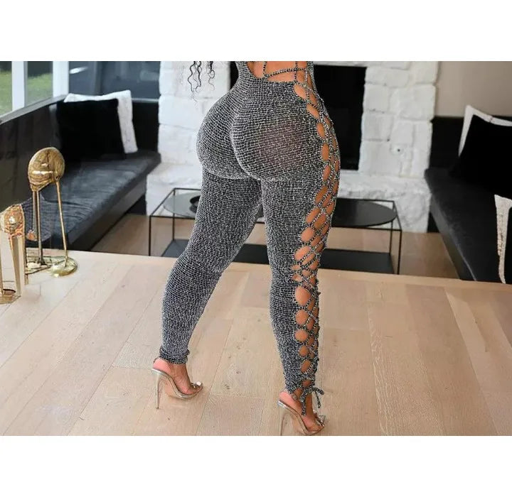 Sexy Jumpsuit Woman Allover Print Lace-up Side Plaid Print Lace-up Long Sleeve Conjoined Body Pants for Female Autumn 2024 New