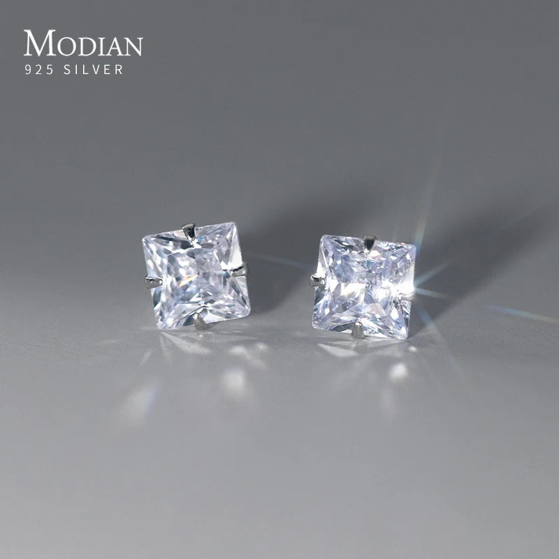 Modian Square CZ Stud Earrings 925 Sterling Silver Platinum Plated Black Cubic Zirconia Hypoallergenic Party Jewelry 3MM 4mm 5mm