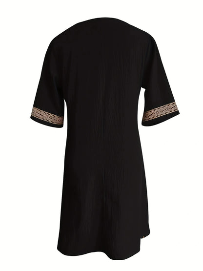 Chic Guipure Lace V-Neck Tunic Dress - Easy-Care, Knee-Length, All- Season Comfort with Stylish Hollow Details