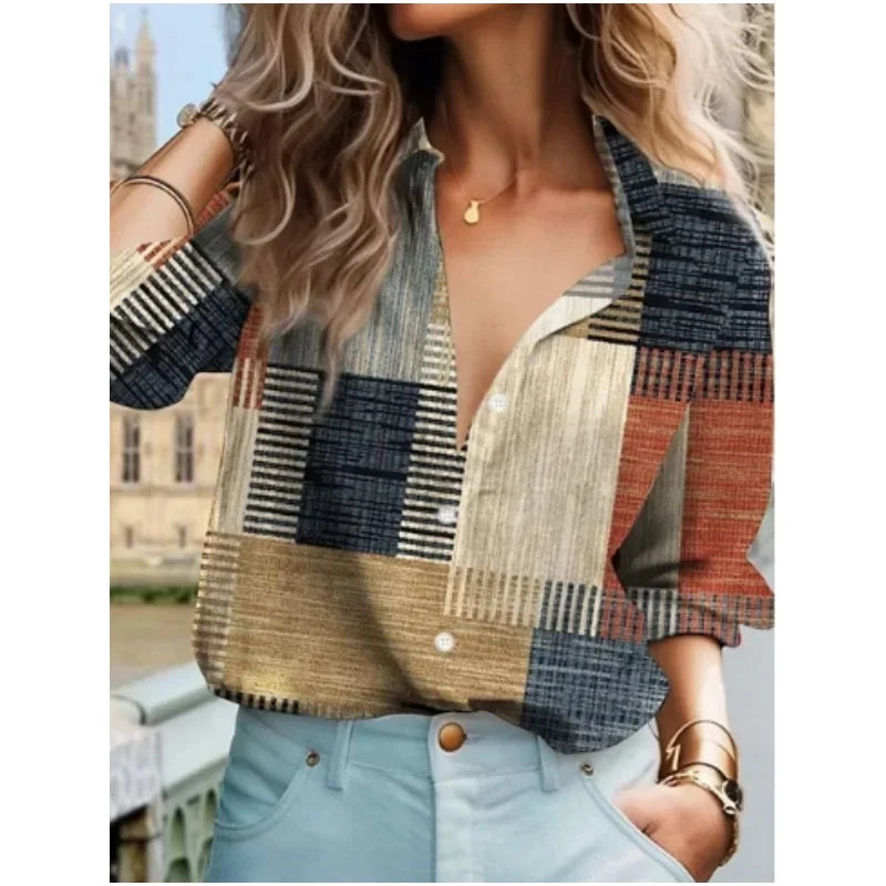 Spring Summer New Women shirt 3D Grid Fashion Print For Women Loose Long Sleeved Blouse Casual style Women's shirt Tops