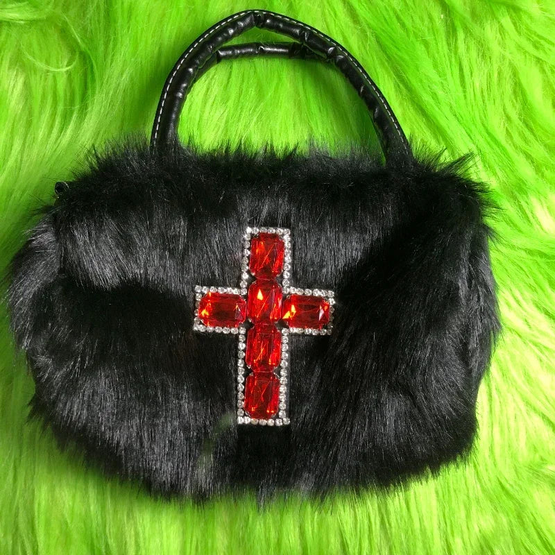 Xiuya Y2k Gothic Handbag Soft Plush Black Cross Applique Shoulder Bag Fashion Harajuku Style Punk Hip Hop Biker Crossbody Bag