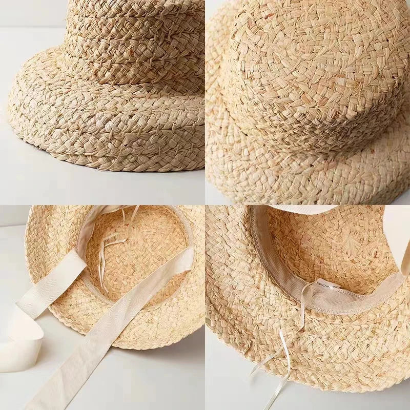 Fashion Women Wide Brim Raffia Hat Women Vacation Beach Hats Flat Top Straw Hat Summer Sun Hat Ladies UV Bucket Hat Wholesale