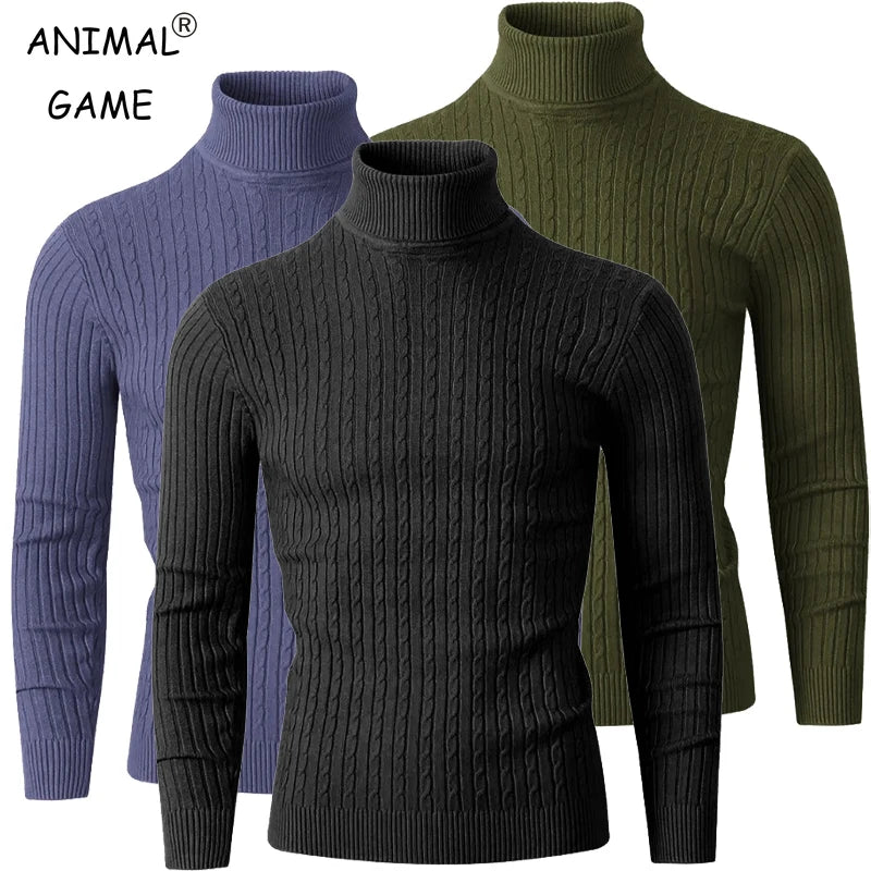 Autumn Men's Long Sleeve Knitted Sweater Winter Warm Turtleneck Pullovers Breathable Streetwear Solid Color Knitted Sweater Men