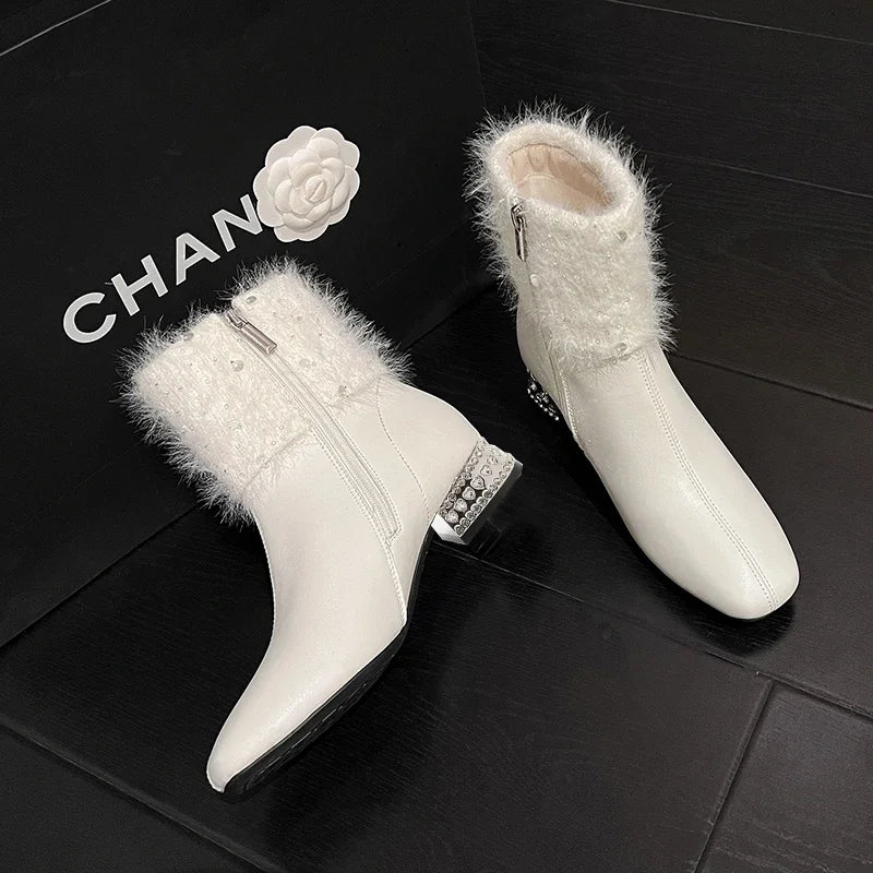 Women Ankle Boots Crystal Fur Leather High Heels Shoes Woman 2025 Trend Pointed Toe Chunky Fashion Elegant Winter Botas De Mujer