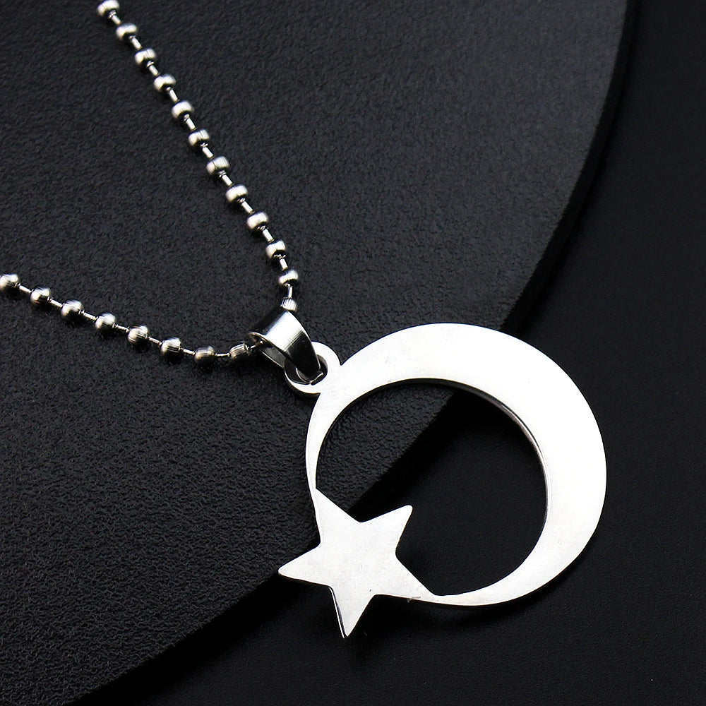 Stainless Steel Crescent Moon Star Necklace for Men Women Spiritual Islamic Muslim Amulet Pendant Turkish Religious Jewelry