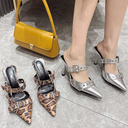 Silvery Female Pumps Luxury Leopard Footwear Ladies High Heels Slides Shoes Sandals Fashion  Thin  Slippers  2024