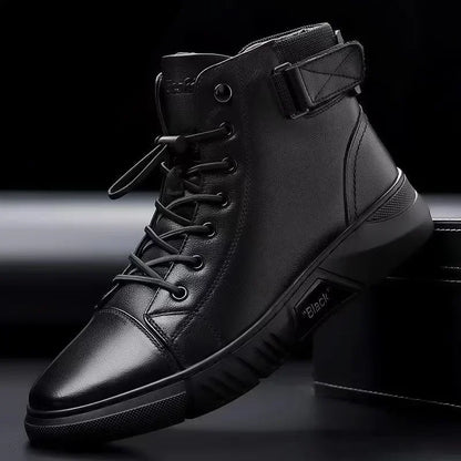 Men's Boots British Casual Platform Leather Boots for Men Black Motorcycle Boots Winter Comfortable Keep Warm Men Ankle Shoes