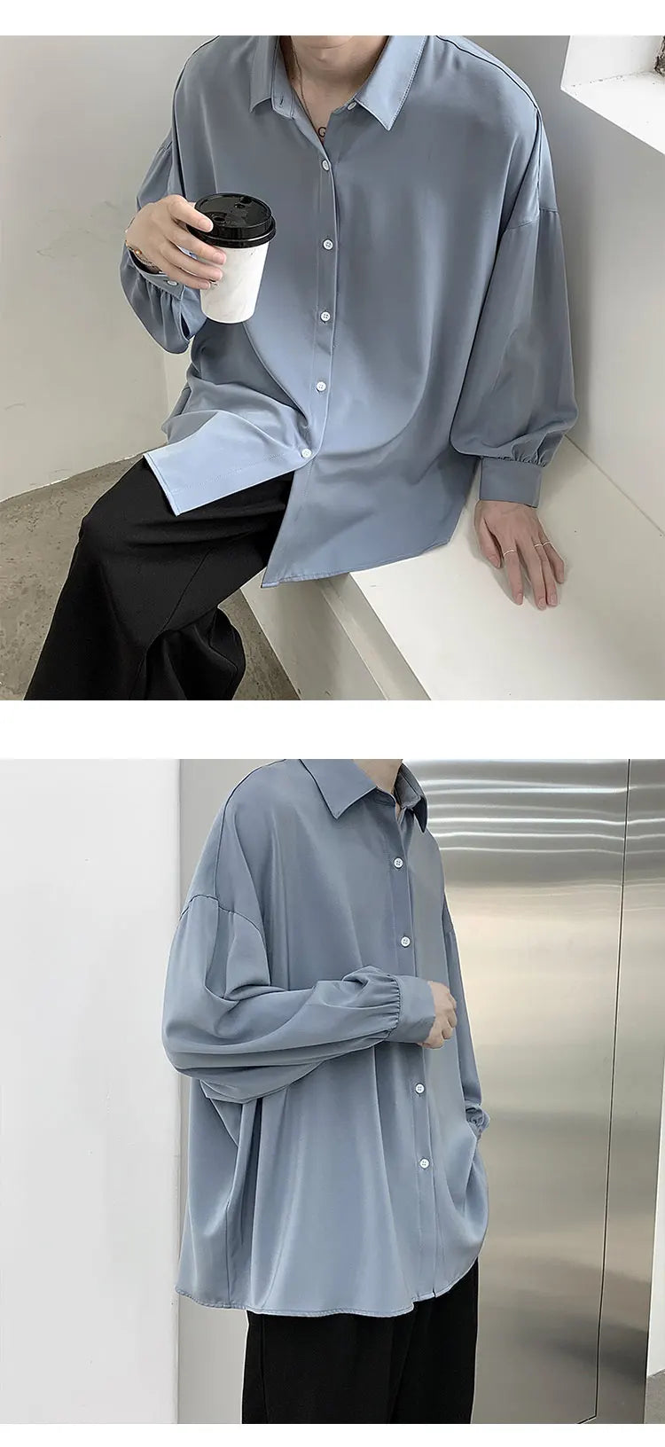 Free Black Tie Long-sleeved Shirts Men Korean Comfortable Blouses Casual Loose Single Breasted Shirt Mens Tshirt Harajuku