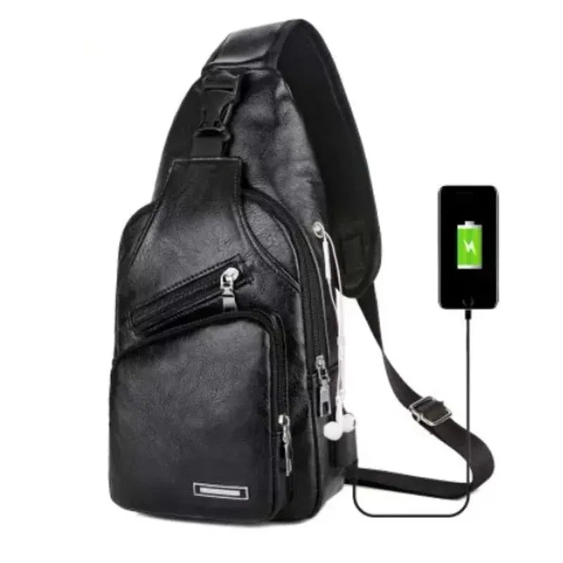 Simple and Fashionable Casual Solid Color PU Multifunctional USB Charging Zipper MEN'S Chest Bag Crossbody Bag for Commuting