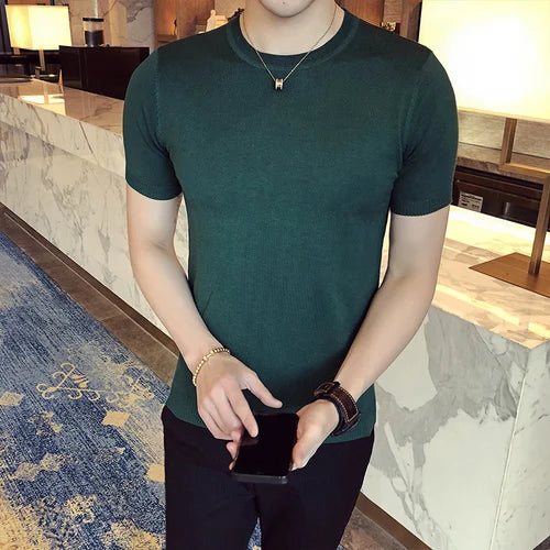 Top Quality Summer Thin Short Sleeved Knitwear T-shirt Men Clothing 2024 Solid Color Slim Fit O-Neck Tee Shirt Streetwear 3XL-M