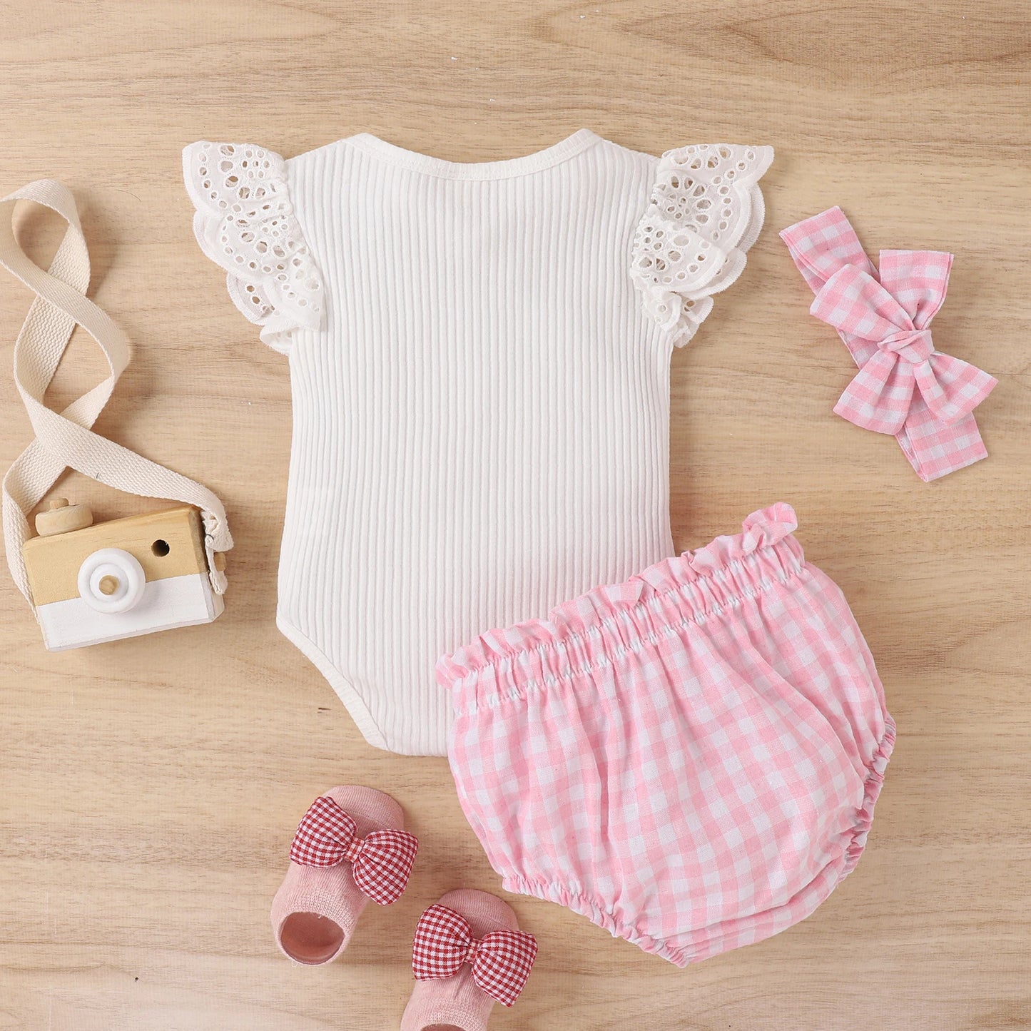 3PCS Summer Baby Girls 0-2 Years Old Soft And Comfortable Simple White Flying Sleeve Clothes + Pink Plaid Shorts Casual Suit