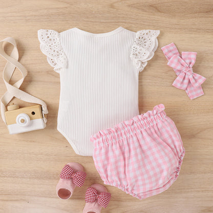 3PCS Summer Baby Girls 0-2 Years Old Soft And Comfortable Simple White Flying Sleeve Clothes + Pink Plaid Shorts Casual Suit