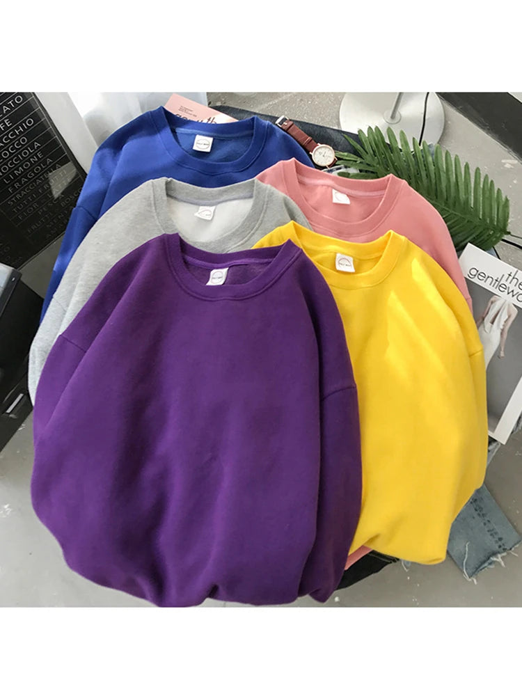 Woman Solid Color O-Neck Sweatshirt Casual Loose Fit Hoodie Harajuku Aesthetic Streetwear Velvet Pullover White Tops Korean Pop