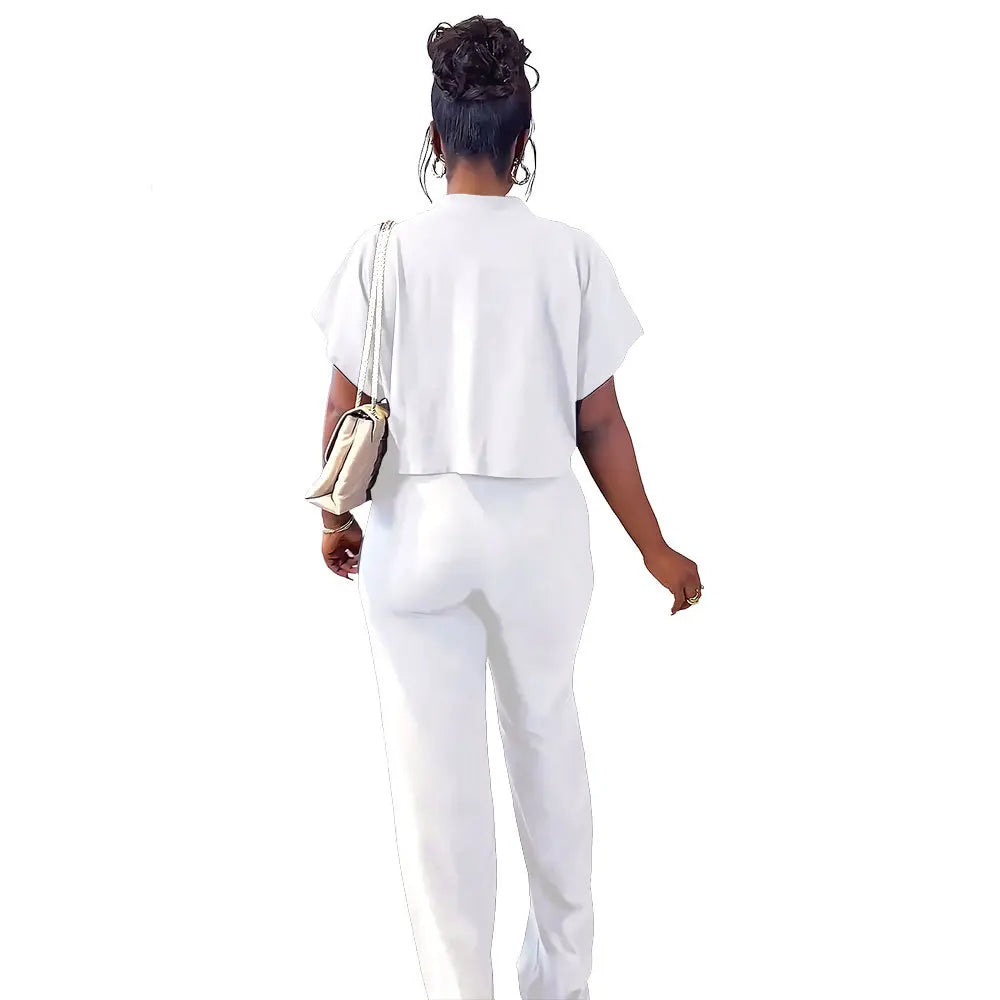 White Short Sleeve Shirt Tops Casual Wide Leg Pants Short Cardigan Top Solid Color Straight Pants Women Two-Piece Sets Outfits