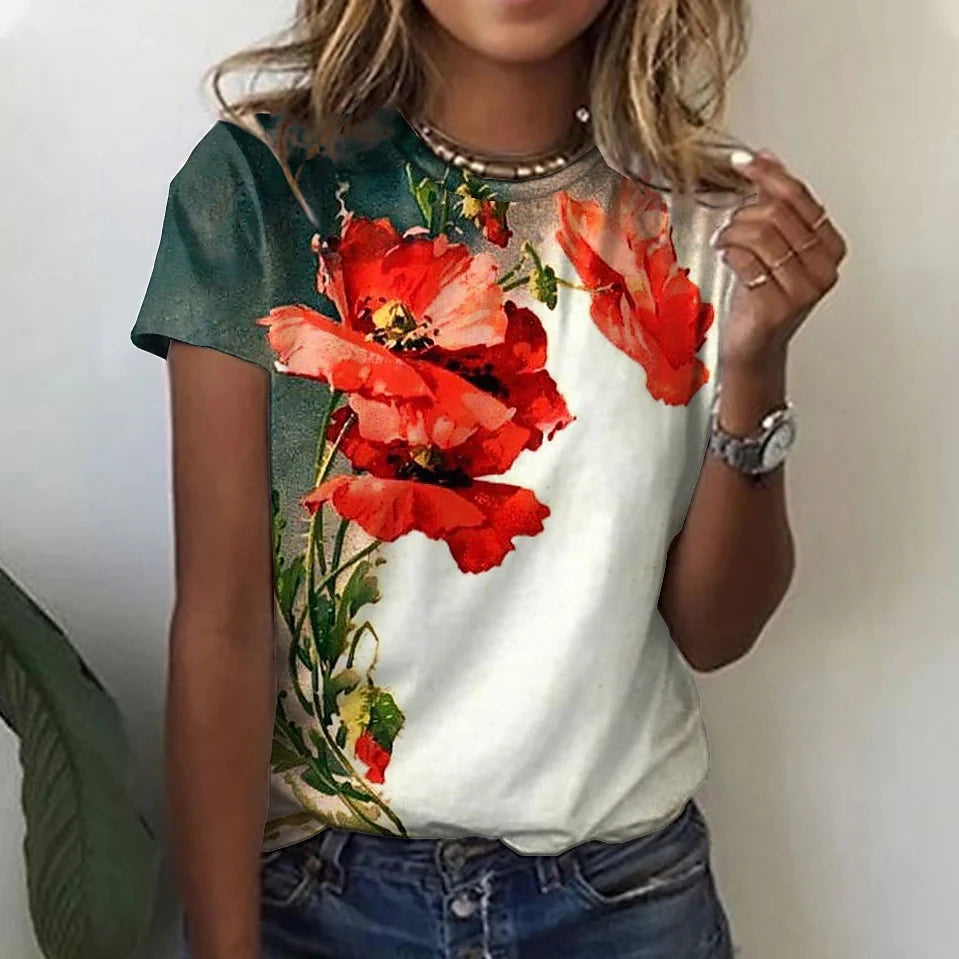 2023 Women's T-shirts Fashion Floral Theme T Shirt Floral Plants Tees Summer Clothing Basic Female Tops Print Oversized Pullover