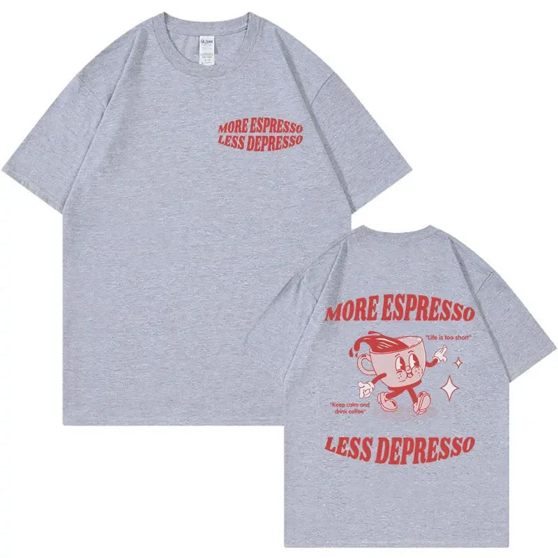 More Espresso Less Depresso Meme T Shirts Funny Men Women's Aesthetic Vintage Cartoon T-shirt Summer Pop Art Cotton Tshirts Tops